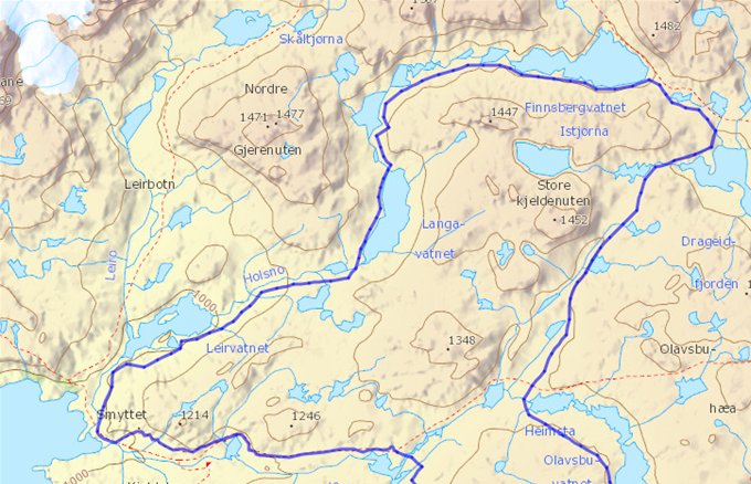 Her har eg tegnet inn ruta eg gjekk, en fin å lett rute. 4 dagers tur på 43 km